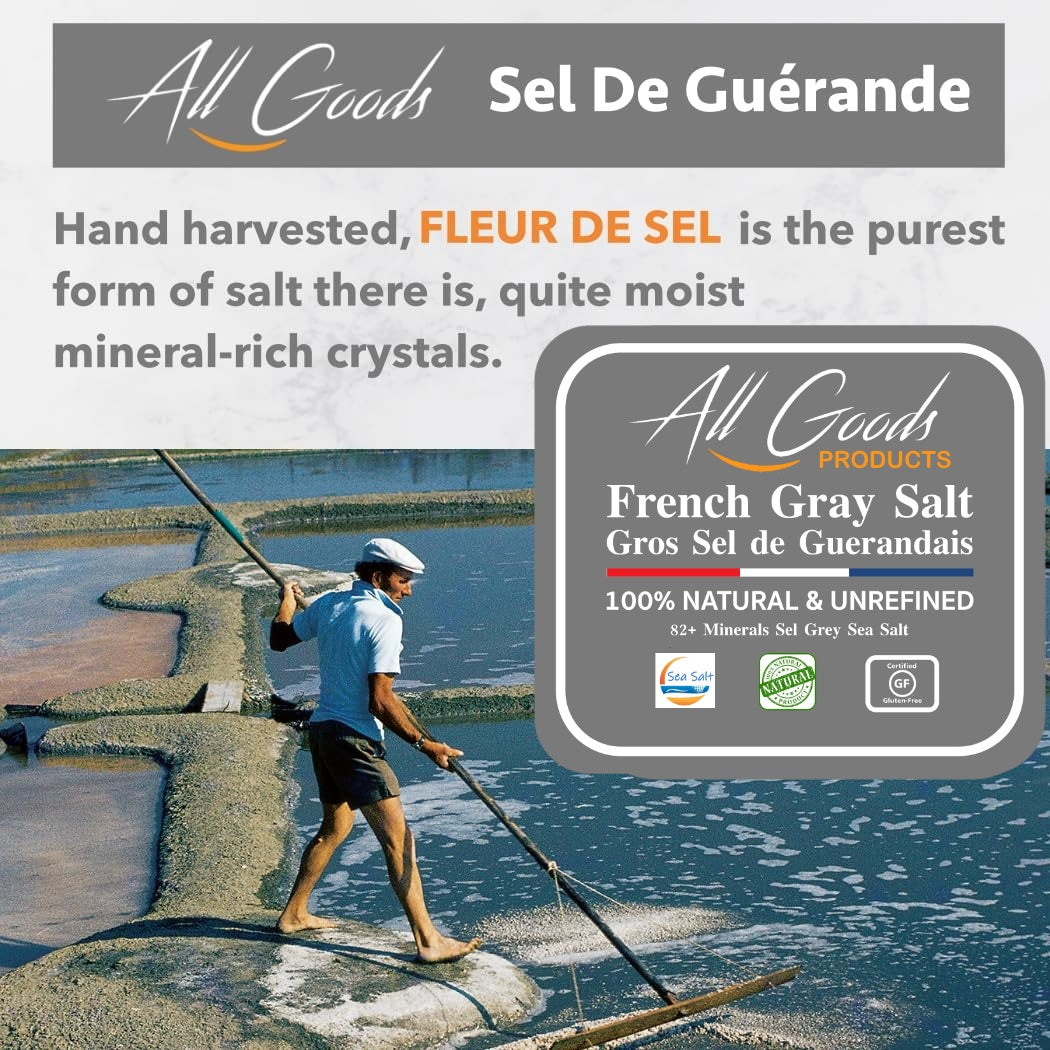 All Goods 14oz Grey Sea Salt Organic 82 Minerals Fine Ground, French Gray, Hand-Harvested, Les Guérandais Sel Grey.