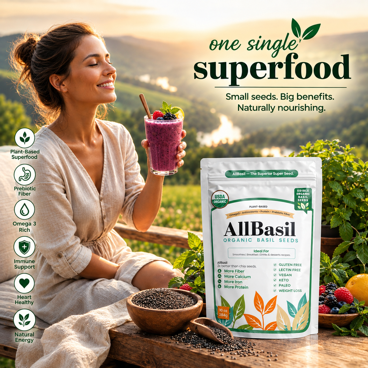 AllBasil 10oz, Edible Basil Seeds Organic Superfood Rich in Fiber