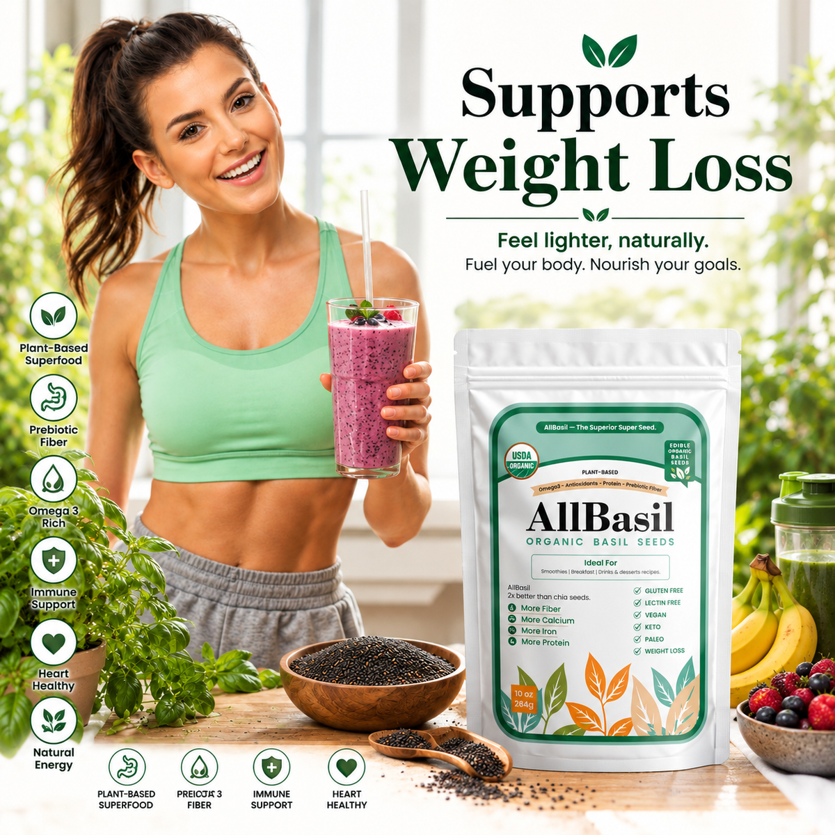 AllBasil 10oz, Edible Basil Seeds Organic Superfood Rich in Fiber