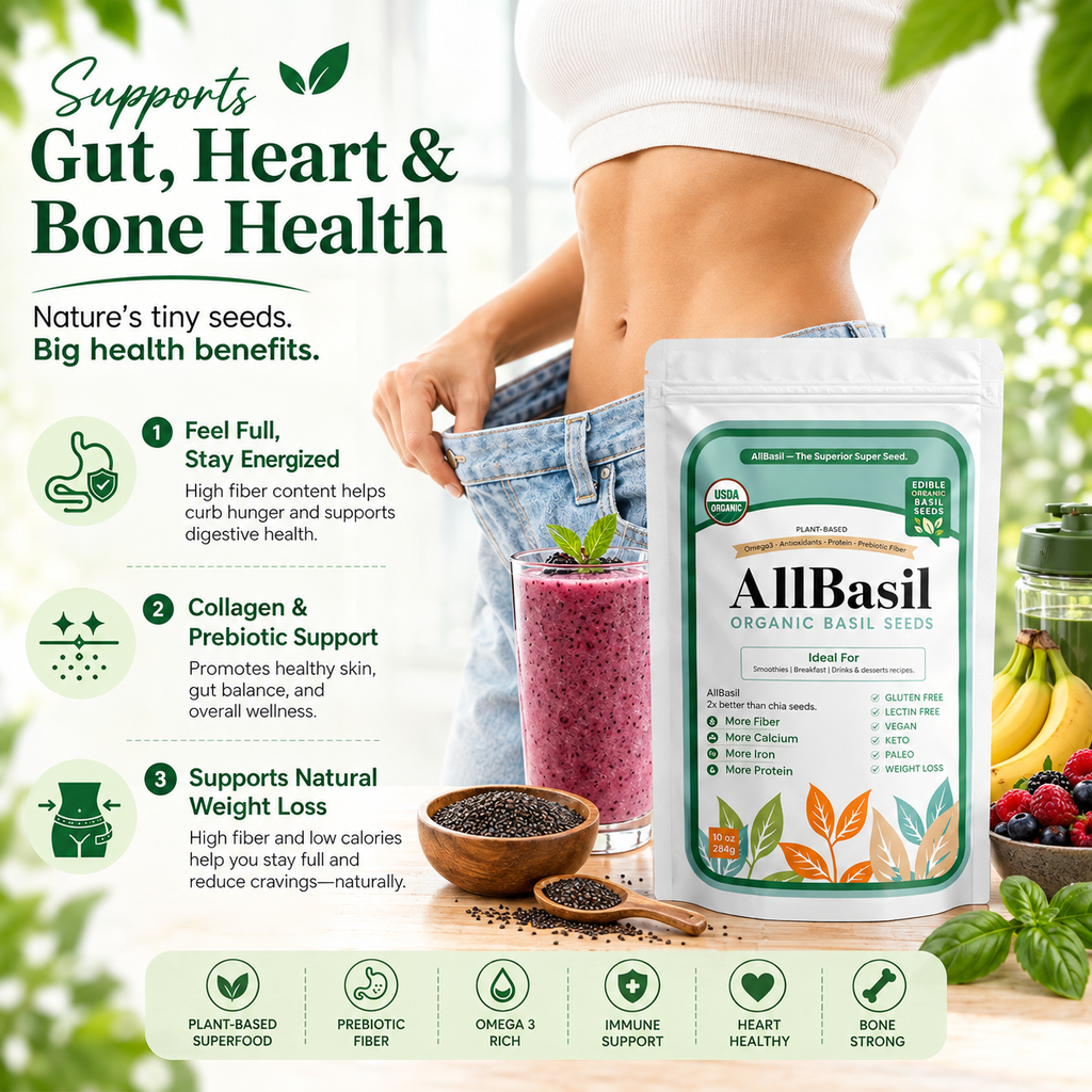AllBasil 10oz, Edible Basil Seeds Organic Superfood Rich in Fiber