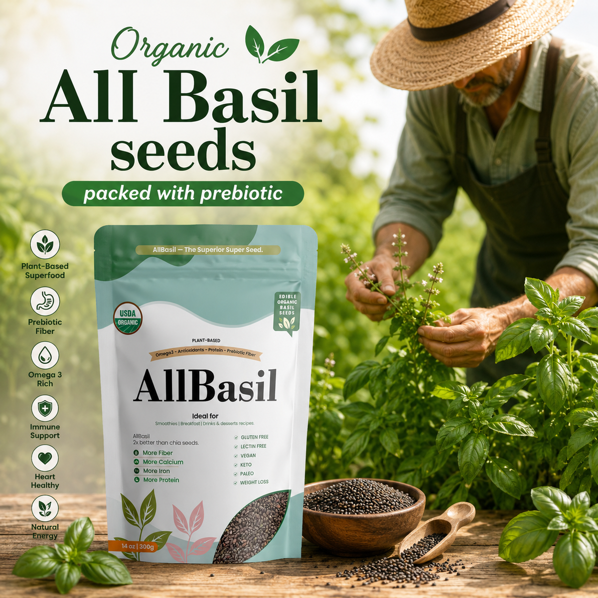 AllBasil 14oz, Edible Basil Seeds Organic Superfood Rich in Fiber