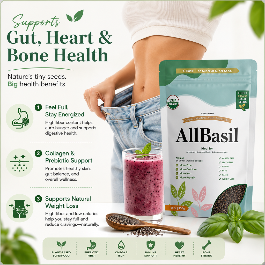 AllBasil 14oz, Edible Basil Seeds Organic Superfood Rich in Fiber