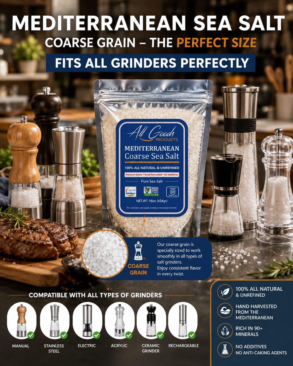 Mediterranean Coarse Sea Salt For Grinder Refill 8oz