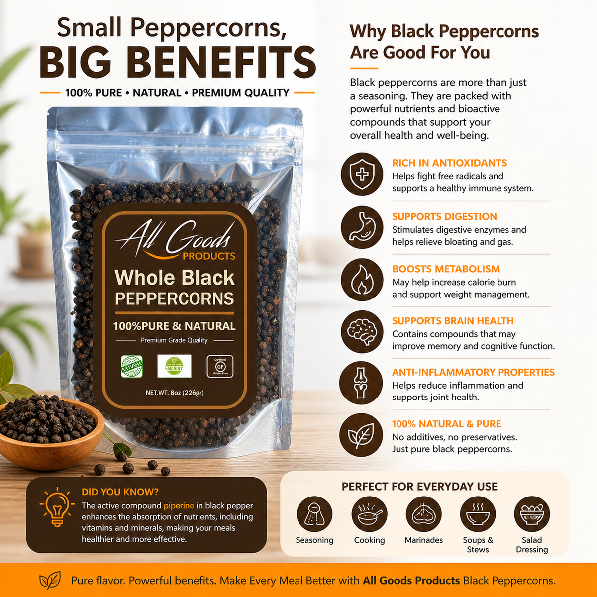 All Goods Whole Black Peppercorns - Whole Black Fresh Peppers 8oz