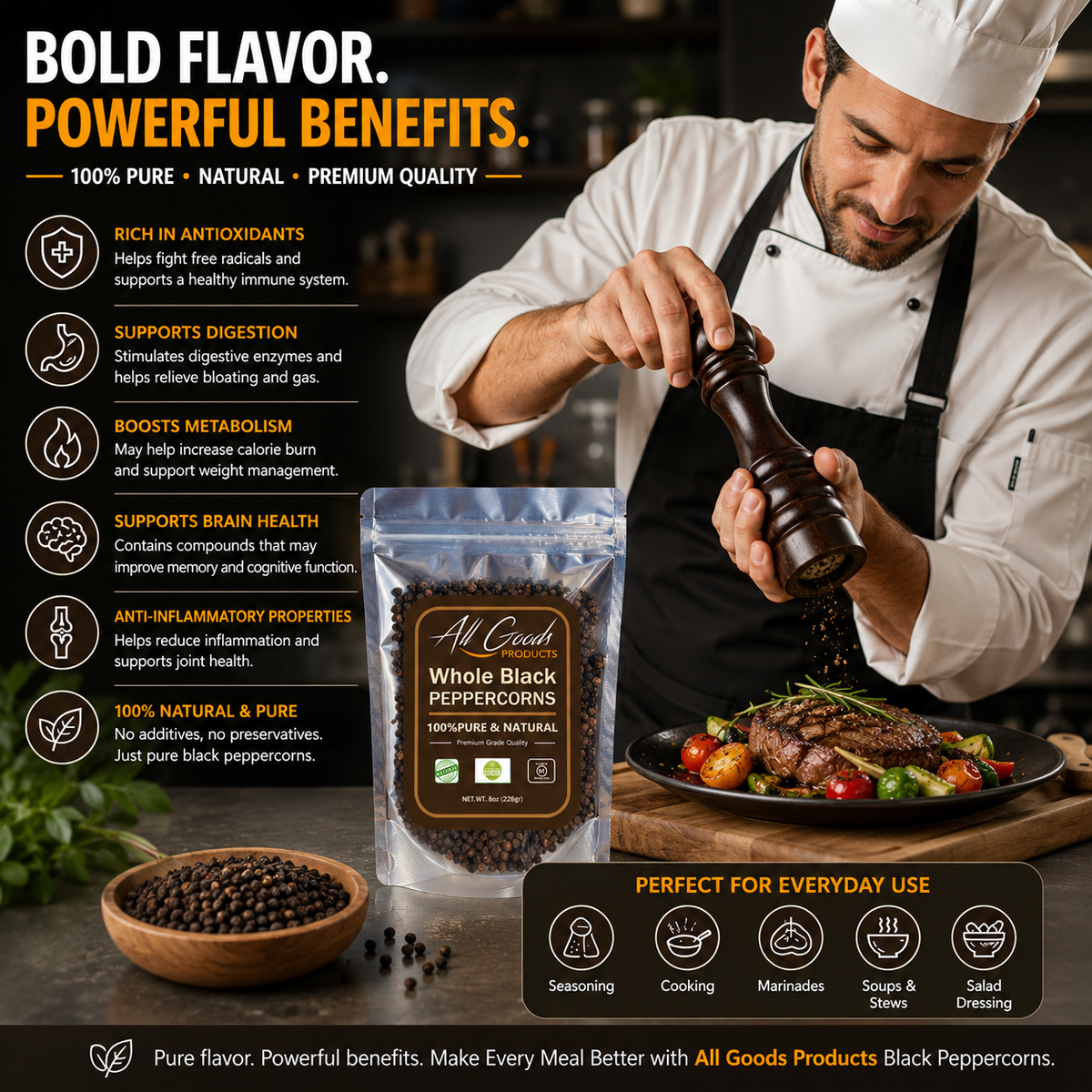 All Goods Whole Black Peppercorns - Whole Black Fresh Peppers 8oz