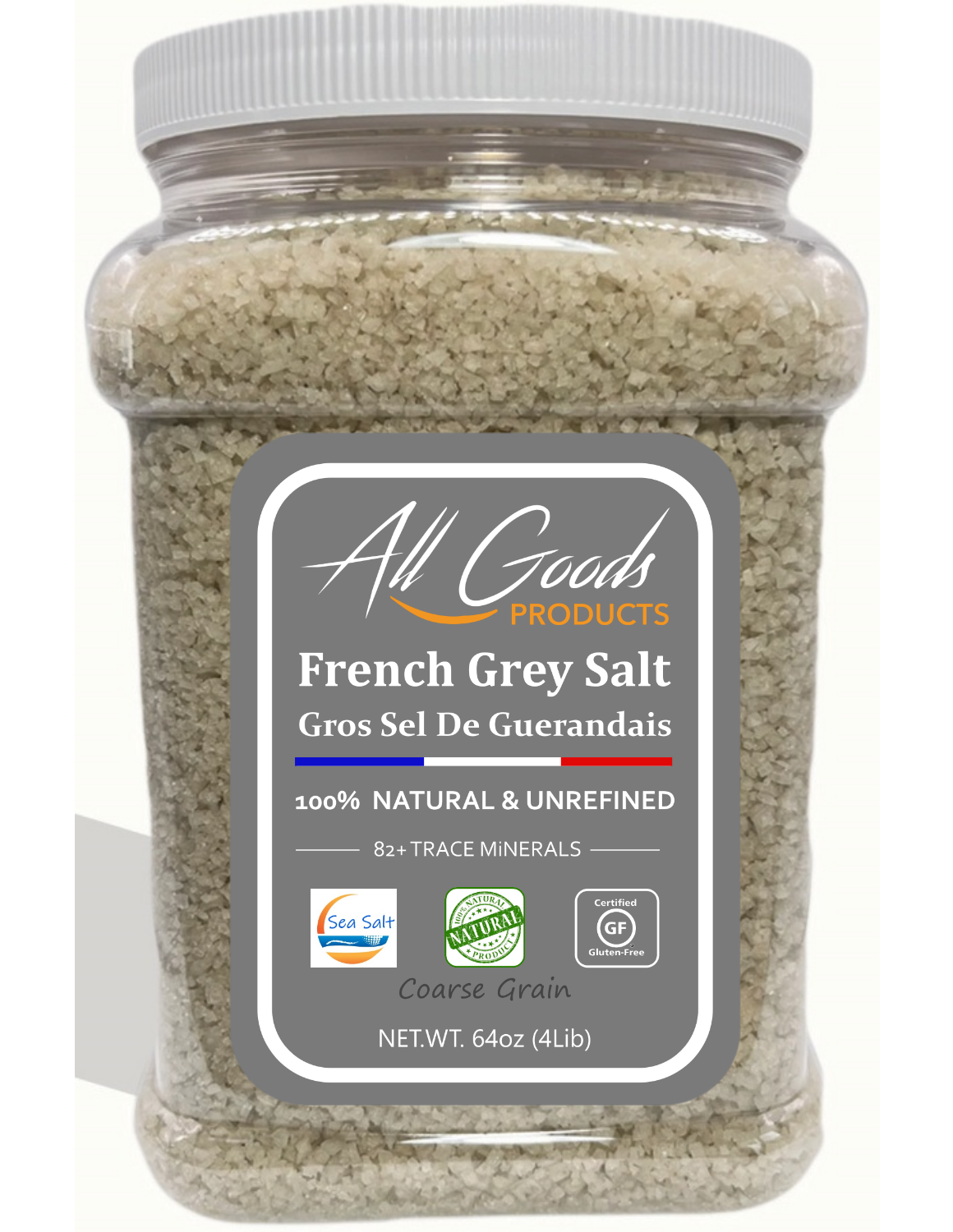 All Goods Organic Grey Sea Salt – 4 lb Coarse Jar, 82 Minerals, French Gray, Hand-Harvested, Les Guérandais, Unrefined.