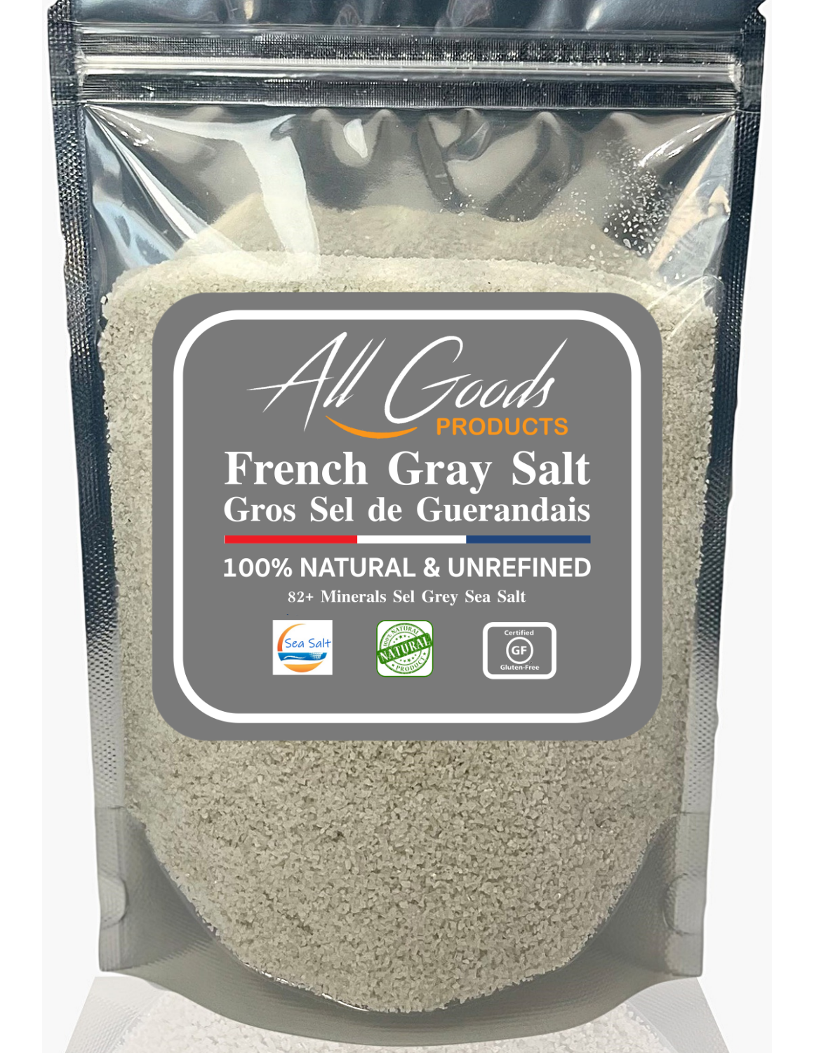 All Goods 14oz Grey Sea Salt Organic 82 Minerals Fine Ground, French Gray, Hand-Harvested, Les Guérandais Sel Grey.