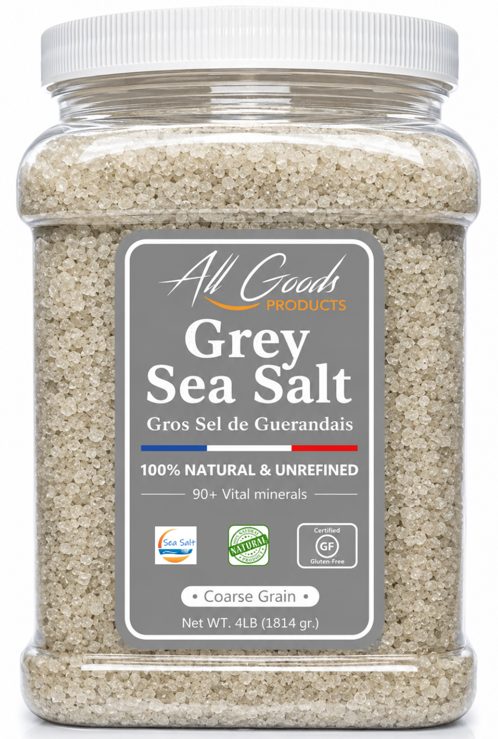 All Goods Grey Sea Salt  4lb Coarse grain Jar 82 trace minerals