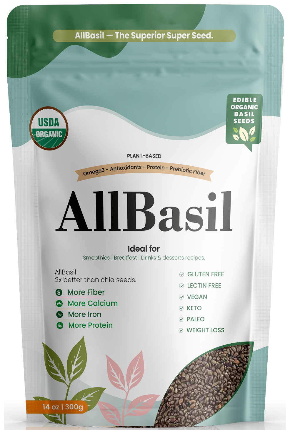 AllBasil 14oz, Edible Basil Seeds Organic Superfood Rich in Fiber